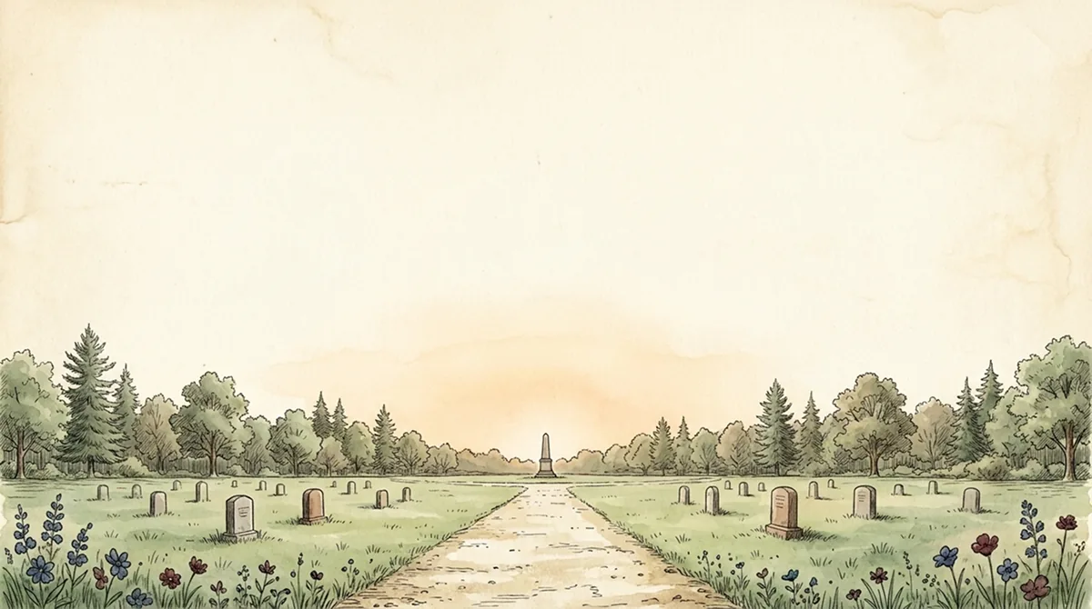 A peaceful cemetery landscape at dusk with a central monument