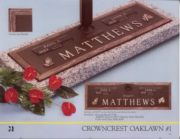 A catalog design for a cast bronze companion memorial plate with a stepped Crowncrest border, raised lettering, praying hands and a cross with an open Bible
