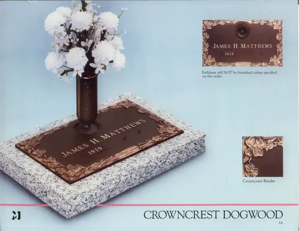 A catalog design for a single cast bronze memorial plate with a dogwood border and a bronze flower vase, shown on a light granite base