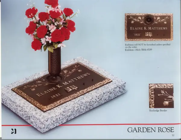 A catalog design for a single cast bronze memorial plate with a garden rose border, raised lettering and a bronze flower vase