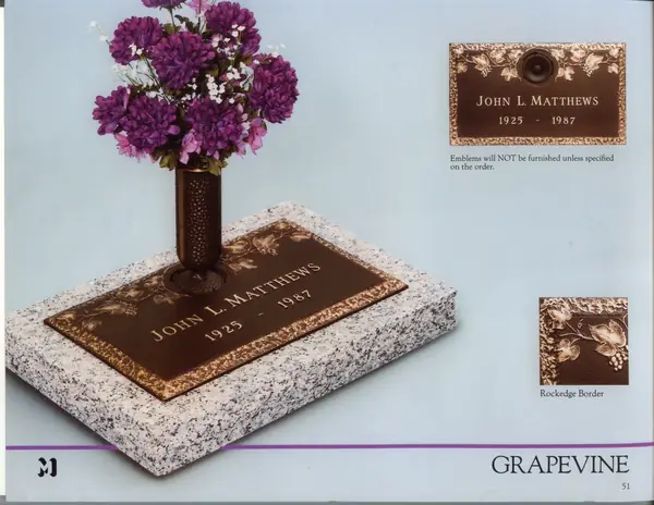 A catalog design for a single cast bronze memorial plate with a grapevine border, raised name and dates, and a bronze flower vase