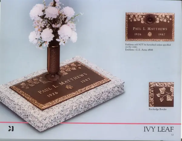A catalog design for a single cast bronze memorial plate with an ivy leaf border, a service emblem and a bronze flower vase