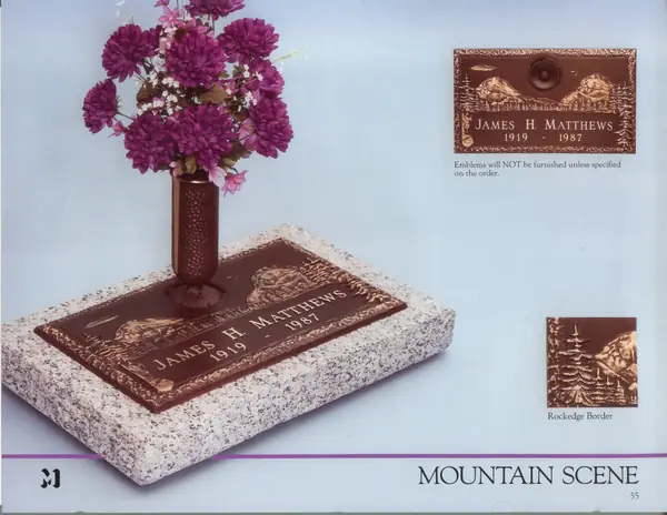 A catalog design for a cast bronze memorial plate with a mountain and lake scene in relief, a rock-edge border and a bronze flower vase