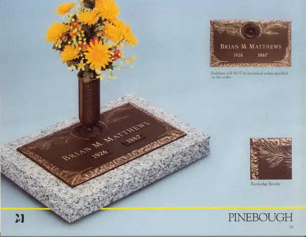 A catalog design for a cast bronze memorial plate with a pine bough in relief, a rock-edge border and a bronze flower vase