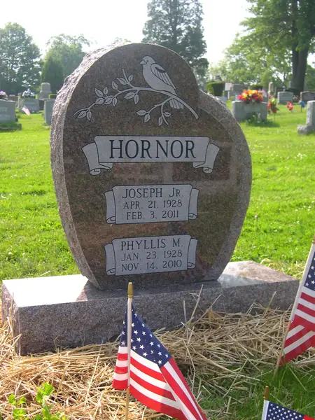 A rose granite monument with a rounded top carved with a bird on a branch, the family name on a banner and two name tablets below