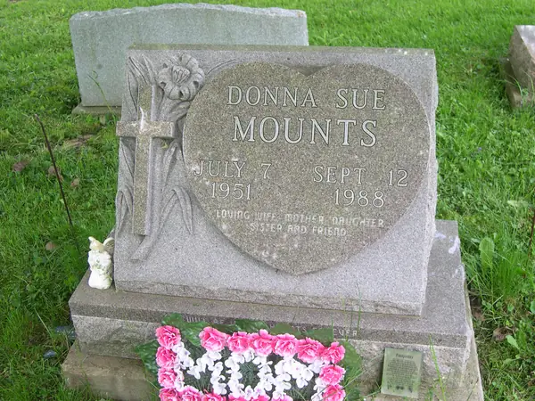 A grey granite monument with a large carved heart at its centre, a cross with lilies beside it, the full name and a relationship line