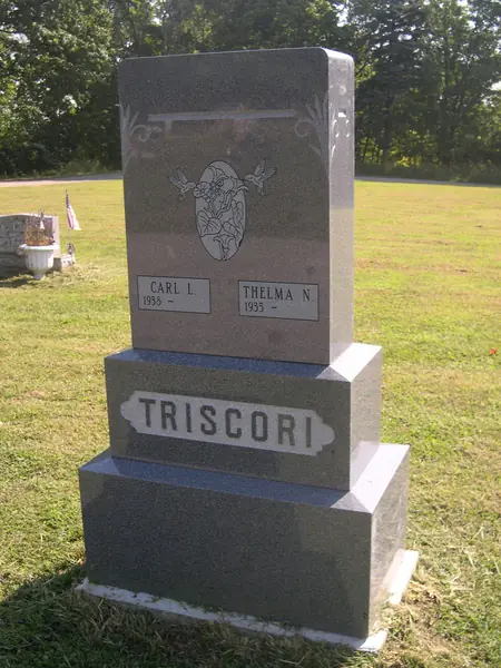 A stepped monument of dark and mid-grey granite, with a carved oval floral medallion, two name tablets and the family name on a raised panel