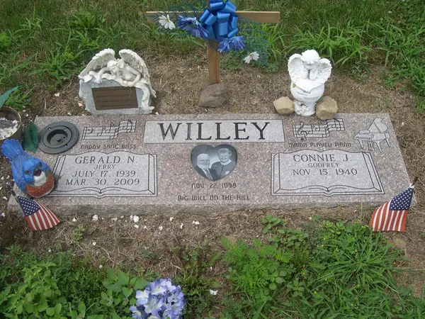 A wide grey granite marker with three panels, an etched heart portrait at the centre, musical emblems either side and two names with dates