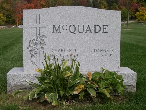 A light grey granite upright monument with a carved cross and lilies at one shoulder, a raised name panel and two name tablets