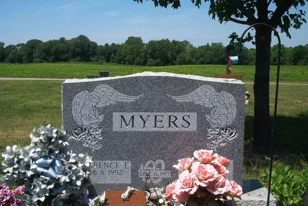 A rose granite upright monument with angels carved at both shoulders, a raised name panel and a wedding-ring emblem between the two name tablets