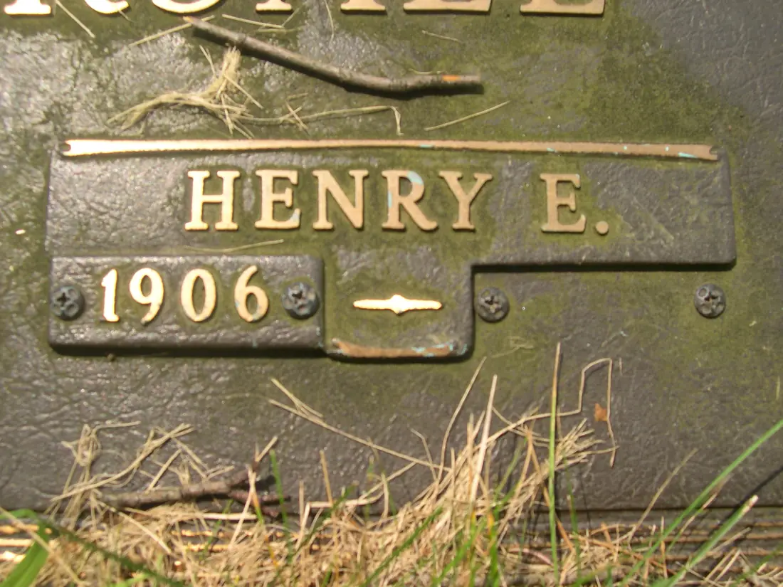 A close view of a bronze marker, its raised lettering and date still bright against a dark brown and green oxidized field, with dry grass across one edge.