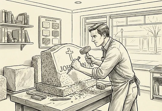 A craftsman hand-carving and engraving a granite headstone