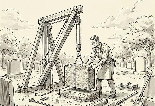 Installing the finished granite monument at the cemetery
